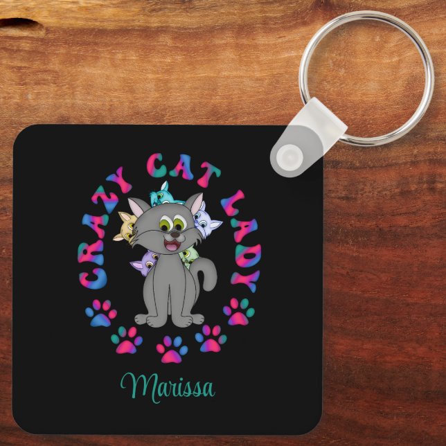 Personalised Colourful Crazy Cat Lady Key Ring (Back)