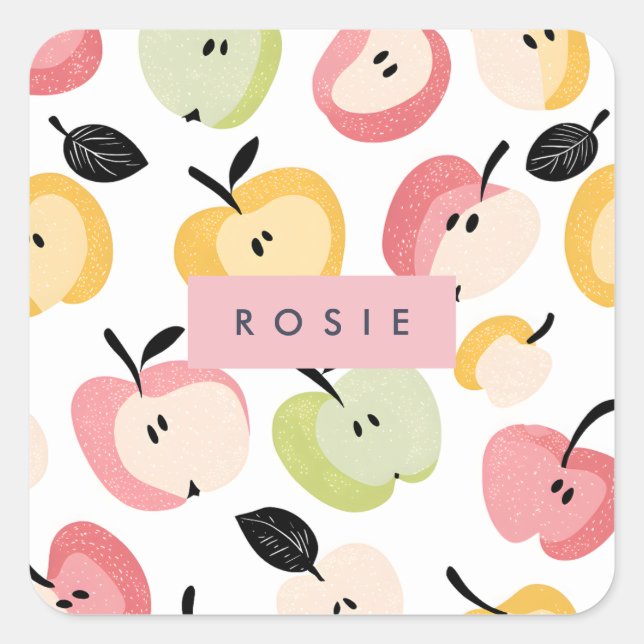 Personalised Colourful Cute Apple Pattern  Square Sticker (Front)