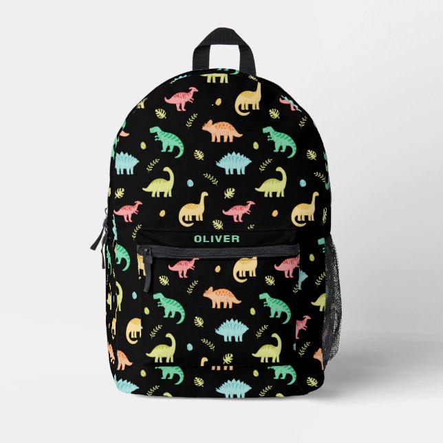 Personalised Colourful Dinosaur Dino Pattern Black Printed Backpack (Front)