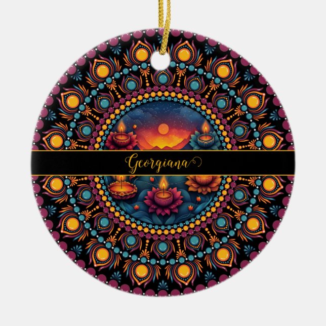 Personalised Colourful Diwali Festival Mandala Ceramic Tree Decoration (Front)