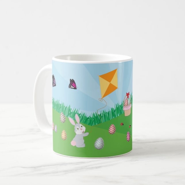 Personalised Colourful Easter Egg Hunt Bunny Chick Coffee Mug (Front Left)