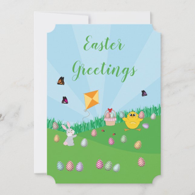 Personalised Colourful Easter Egg Hunt Bunny Chick Holiday Card (Front)