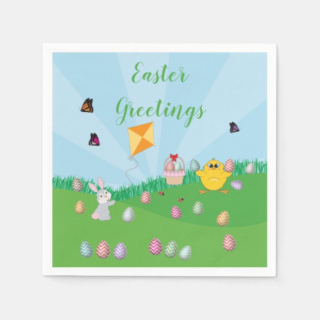 Personalised Colourful Easter Egg Hunt Bunny Chick Napkin (Front)