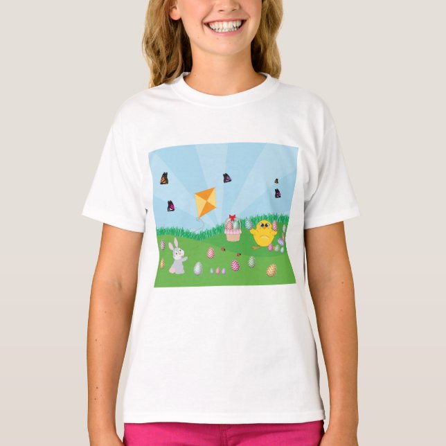 Personalised Colourful Easter Egg Hunt Bunny Chick T-Shirt (Front)