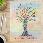 Personalised Colourful Family Tree Jigsaw Puzzle<br><div class="desc">This stylish jigsaw puzzle is decorated with a colourful Family Tree design on watercolor background.
Easily customisable it with your family name.
Because we create our own artwork you won't find this exact image from other designers.
Original Mosaic and Watercolor © Michele Davies.</div>