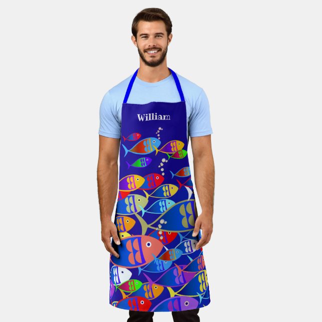 Personalised Colourful Fish Apron (Worn)