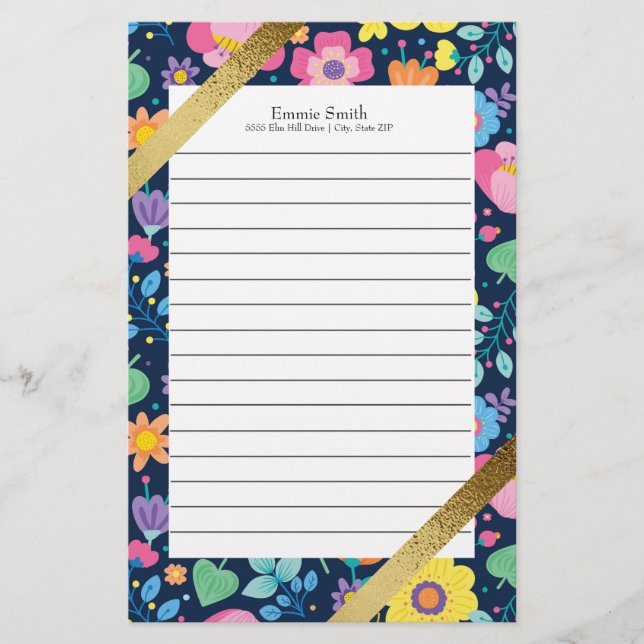 Personalised Colourful Floral and Gold Stationery (Front)