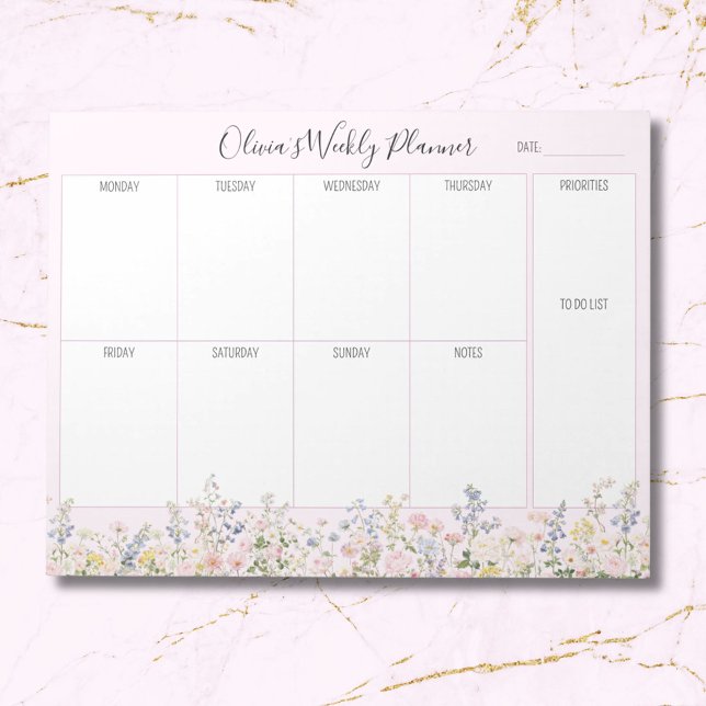 Personalised Colourful Flower Floral Weekly Planne Notepad (Close up)