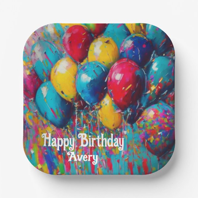 Personalised Colourful Fun Birthday Balloons Cake Paper Plate (Front)