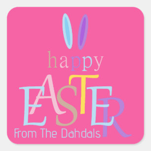 Personalised Colourful Fun Happy Easter Bunny Pink Square Sticker