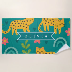 Personalised Colourful Fun Leopard Jungle Name Gif Beach Towel