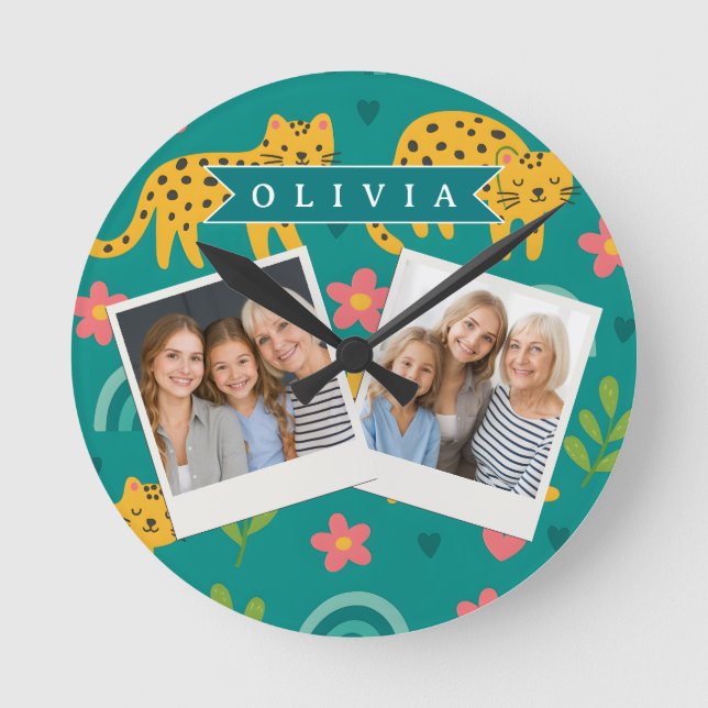 Personalised Colourful Fun Leopard Jungle Name Gif Round Clock (Front)