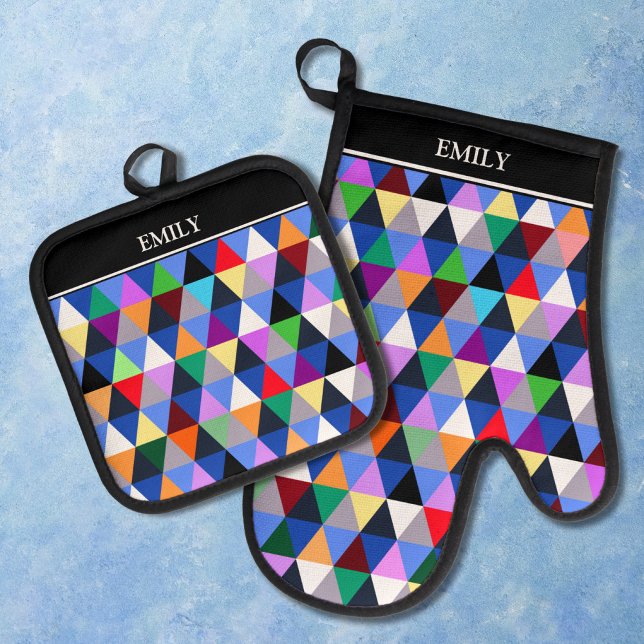 Personalised Colourful Geometric Pattern Oven Mitt & Pot Holder Set (Creator Uploaded)