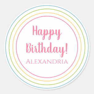 Personalised Colourful Happy Birthday Pastel Pink Classic Round Sticker