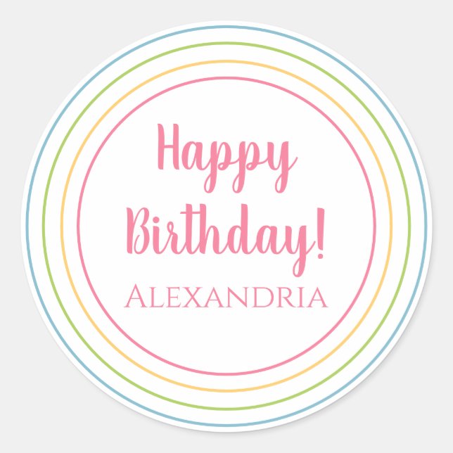 Personalised Colourful Happy Birthday Pastel Pink Classic Round Sticker (Front)