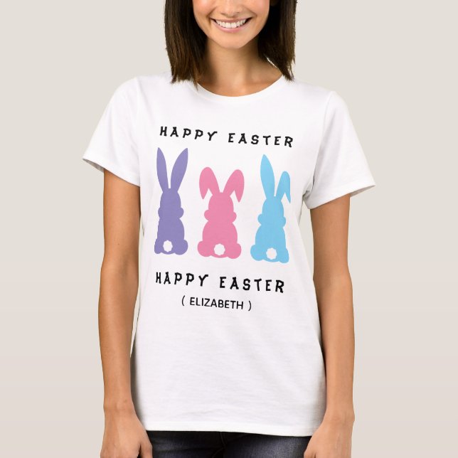 Personalised Colourful Happy Easter Bunnies T-Shirt (Front)
