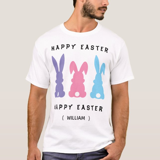 Personalised Colourful Happy Easter Bunnies T-Shirt (Front)