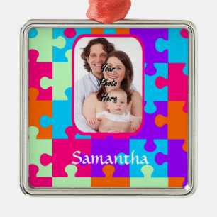 Personalised colourful jigsaw metal tree decoration