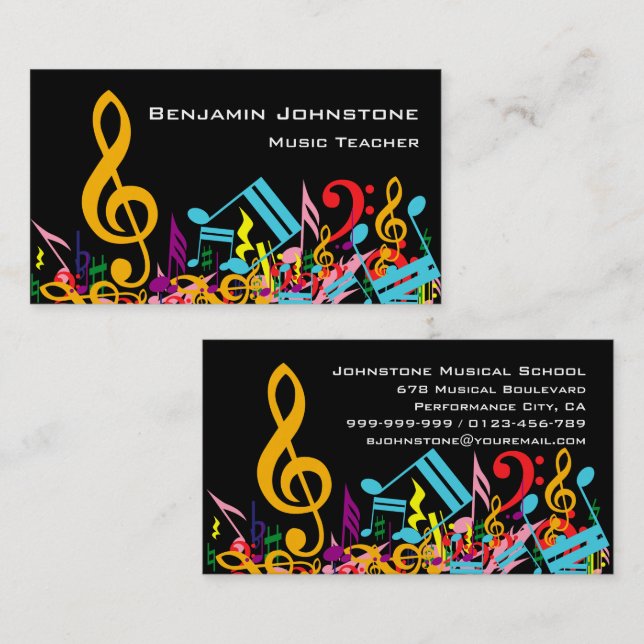 Personalised Colourful Jumbled Music Notes on Blac Business Card (Front/Back)