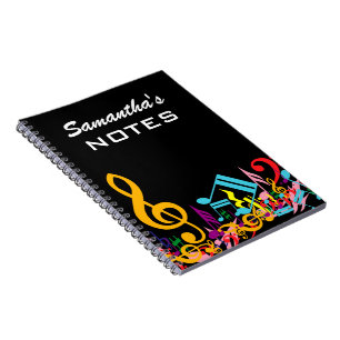 Personalised Colourful Jumbled Music Notes on Blac Notebook