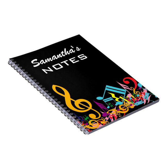 Personalised Colourful Jumbled Music Notes on Blac Notebook (Right Side)