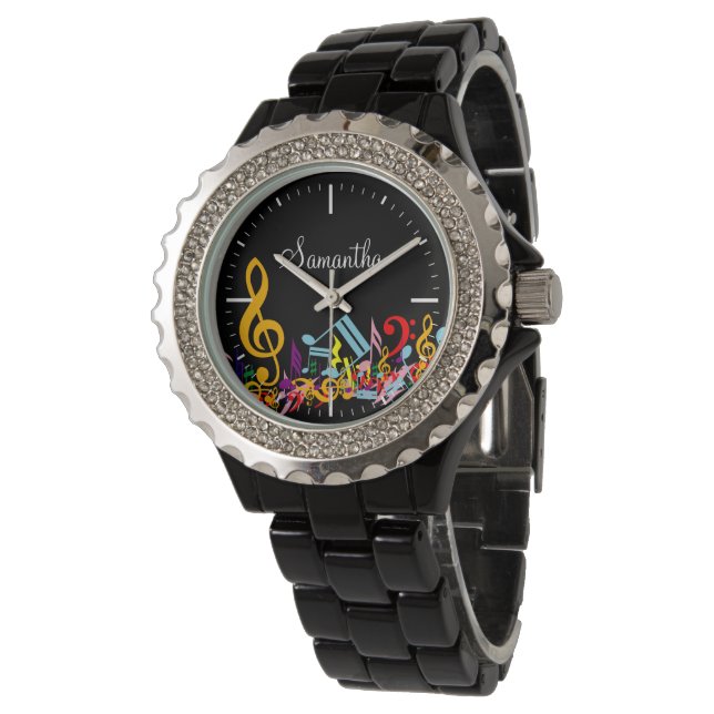 Personalised Colourful Jumbled Music Notes on Blac Watch (Angled)