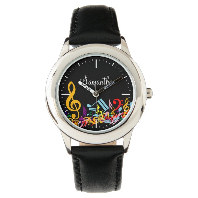 Personalised Colourful Jumbled Music Notes on Blac Watch (Front)