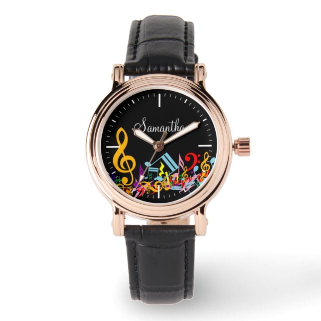 Personalised Colourful Jumbled Music Notes on Blac Watch (Front)
