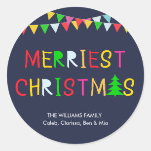 Personalised Colourful Merriest Christmas Navy Classic Round Sticker