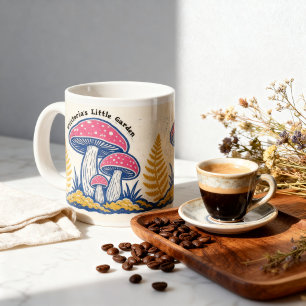 Personalised Colourful Mushroom Folk Art Linocut Large Coffee Mug