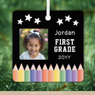 Personalised Colourful Photo First Grade Keepsake Metal Tree Decoration