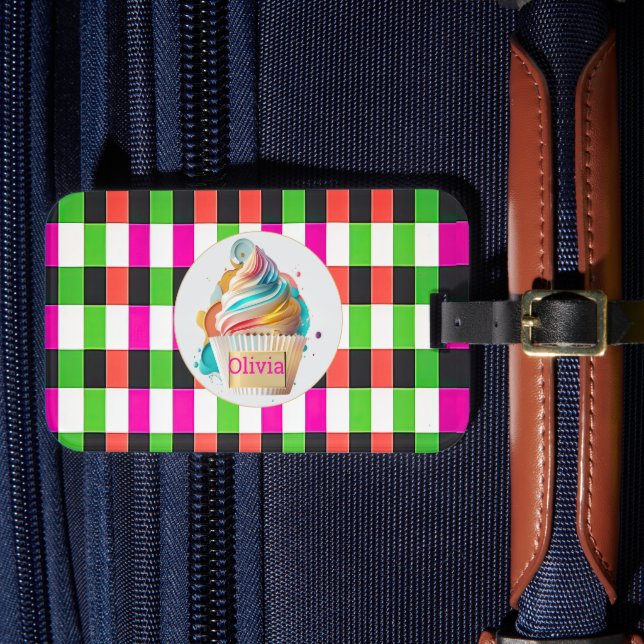 Personalised Colourful Plaid Custom Cupcake Design Luggage Tag (Front Insitu 4)