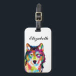 Personalised Colourful Pop Art Wolf Luggage Tag<br><div class="desc">Shades of purple, pink, and blue come together in this beautifully vibrant pop art portrait of a colourful forest-dwelling wolf that really stands out on a white background. Easily change the name to personalise this item for yourself or someone else. In addition, the background colour and font can both be...</div>