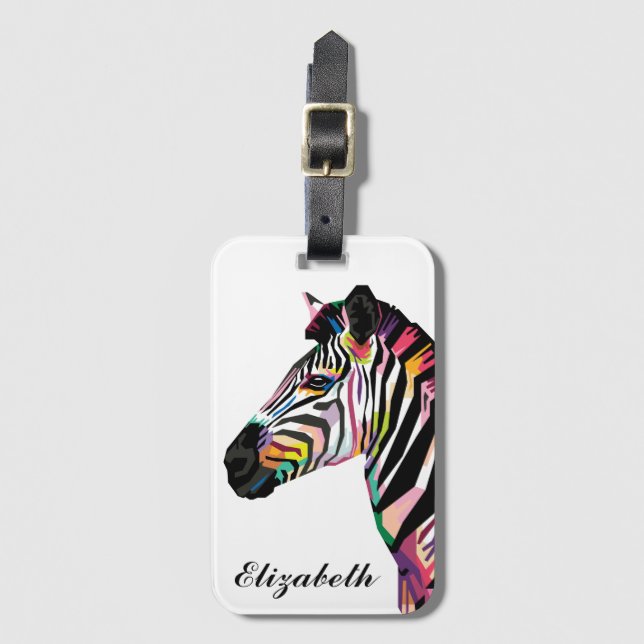 Personalised Colourful Pop Art Zebra Luggage Tag (Front Vertical)