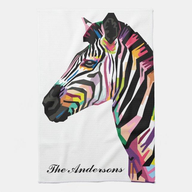 Personalised Colourful Pop Art Zebra Tea Towel (Vertical)