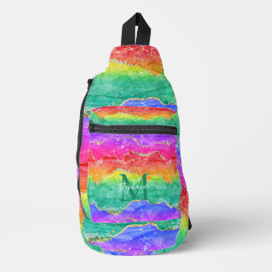 Personalised Colourful Rainbow Glitter Gold Agate Sling Bag