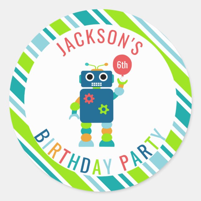 Personalised Colourful Robot Birthday Party Kids Classic Round Sticker (Front)