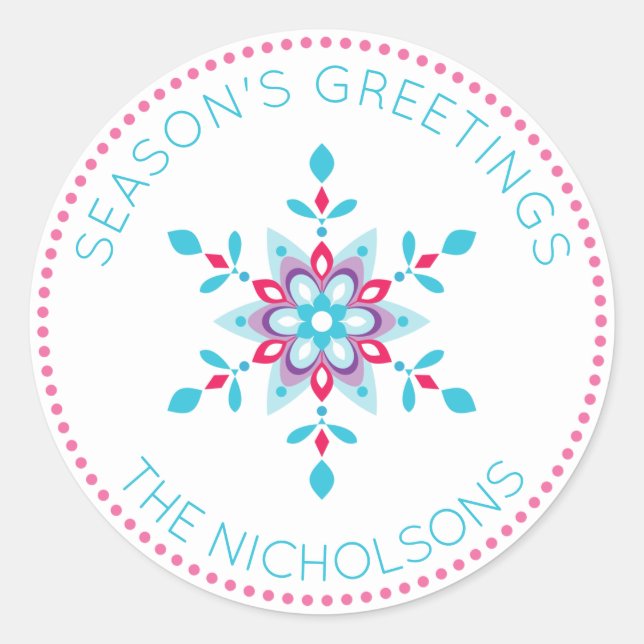 Personalised Colourful Snowflake Holiday Classic Round Sticker (Front)