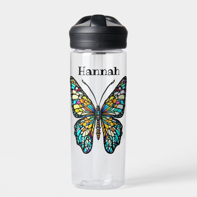 Personalised Colourful Stained Glass Butterfly Water Bottle (Front)
