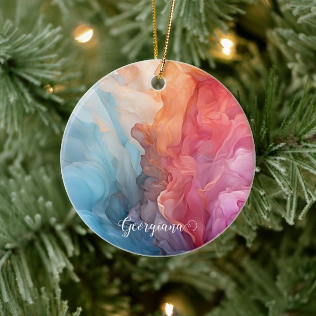 Personalised Colourful Sunset on Sea Alcohol Ink Ceramic Tree Decoration (Tree)