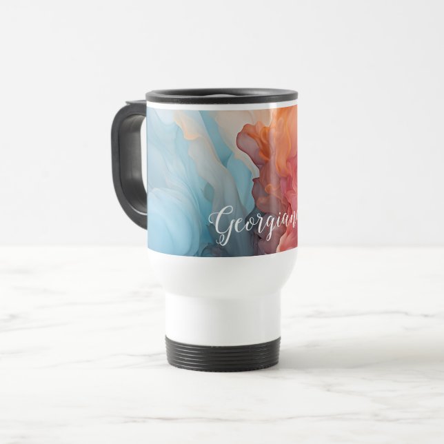 Personalised Colourful Sunset on Sea Alcohol Ink Travel Mug (Front Left)