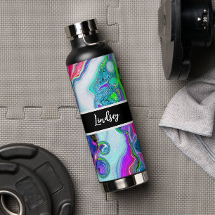 Personalised Colourful Swirls Marble Fluid Art     Water Bottle