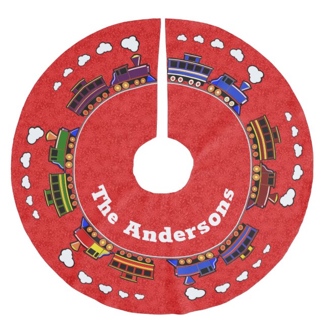 Personalised Colourful Toy Trains on Red Brushed Polyester Tree Skirt (Front)