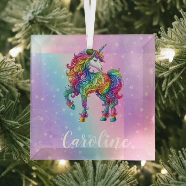 Personalised Colourful unicorn magic  Glass Tree Decoration (Insitu)