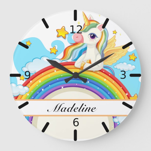 Personalised Colourful Unicorn & Rainbow Large Clock (Front)