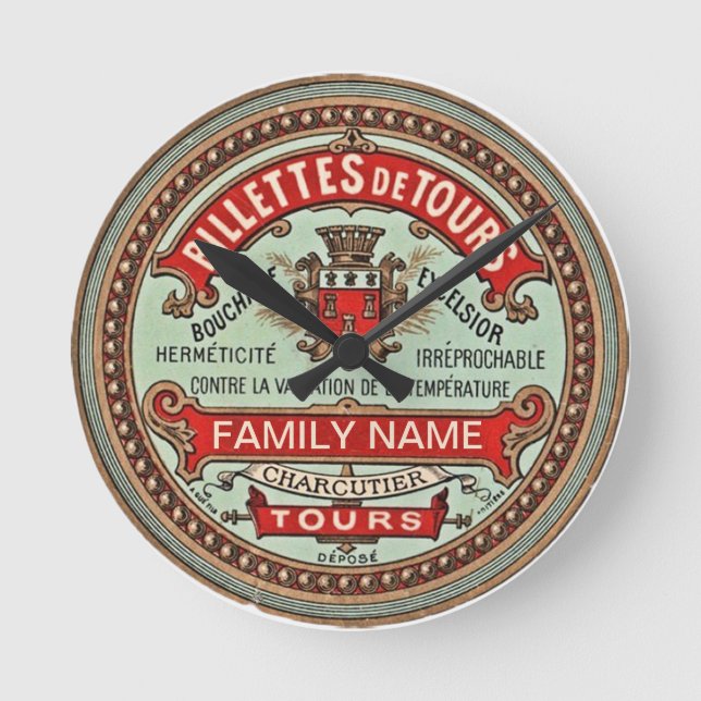 Personalised Colourful Vintage Apothecary Label Round Clock (Front)