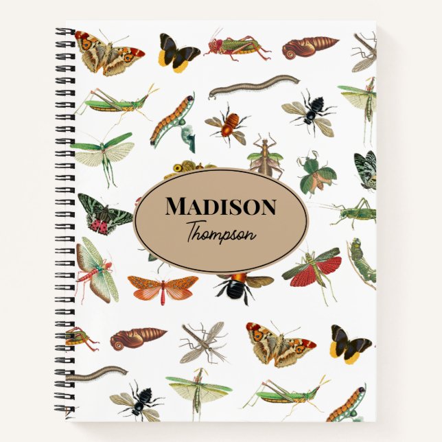 Personalised Colourful Vintage Insect Pattern  Notebook (Front)