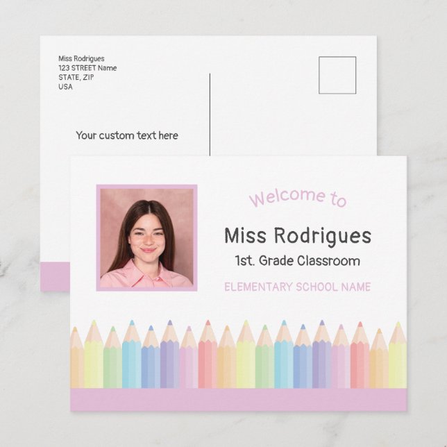 Personalised Colourful Welcome Teacher's Classroom Postcard (Front/Back)