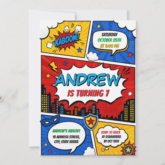 Personalised Comic Superhero Birthday party Invitation (Front)