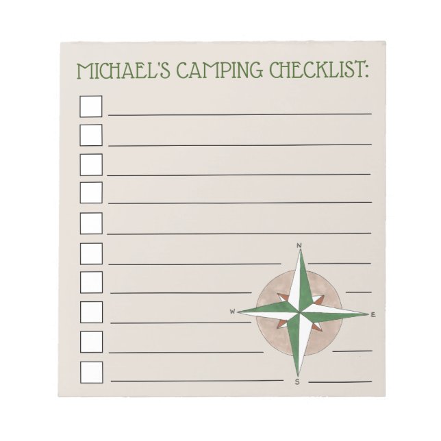 Personalised Compass Hiking Summer Camp Checklist Notepad (Front)